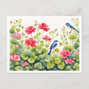 Charming Garden Scene, Bluebirds and Pink Flower Postcard