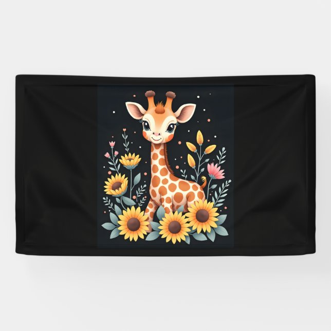 Charming Giraffe Surrounded By Flowers Long Sleeve Banner (Horizontal)