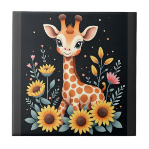 Charming Giraffe Surrounded By Flowers Long Sleeve Ceramic Tile
