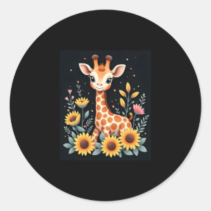 Charming Giraffe Surrounded By Flowers Long Sleeve Classic Round Sticker
