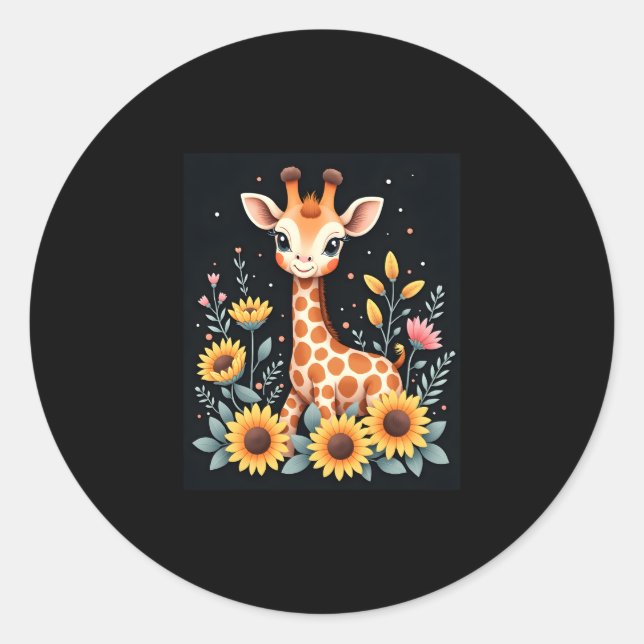 Charming Giraffe Surrounded By Flowers Long Sleeve Classic Round Sticker (Front)