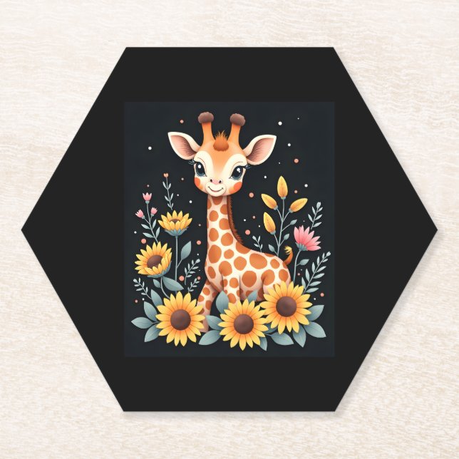Charming Giraffe Surrounded By Flowers Long Sleeve Paper Coaster (Front)