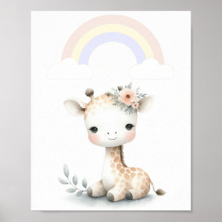 Charming Giraffe With Pastel Rainbow Poster