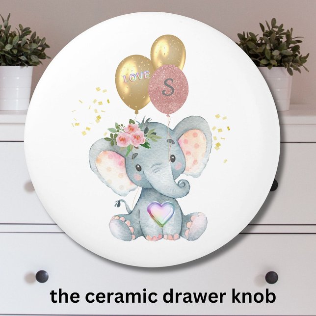 Charming Girl Elephant Pink Balloons Heart Ceramic Knob (Creator Uploaded)