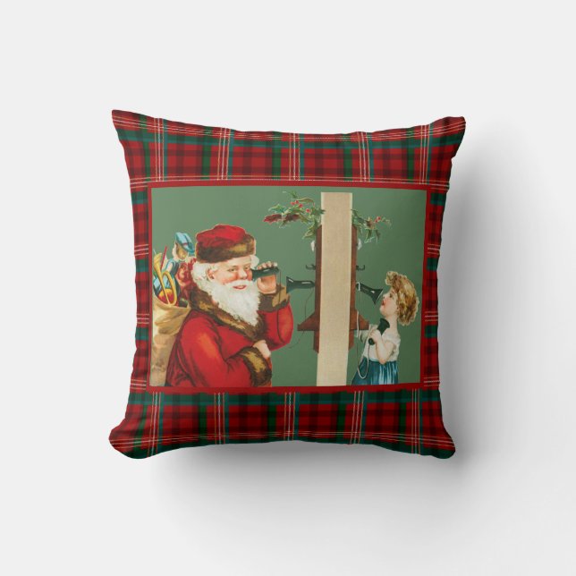 Charming Girl on Telephone with Santa on Plaid Cushion (Front)
