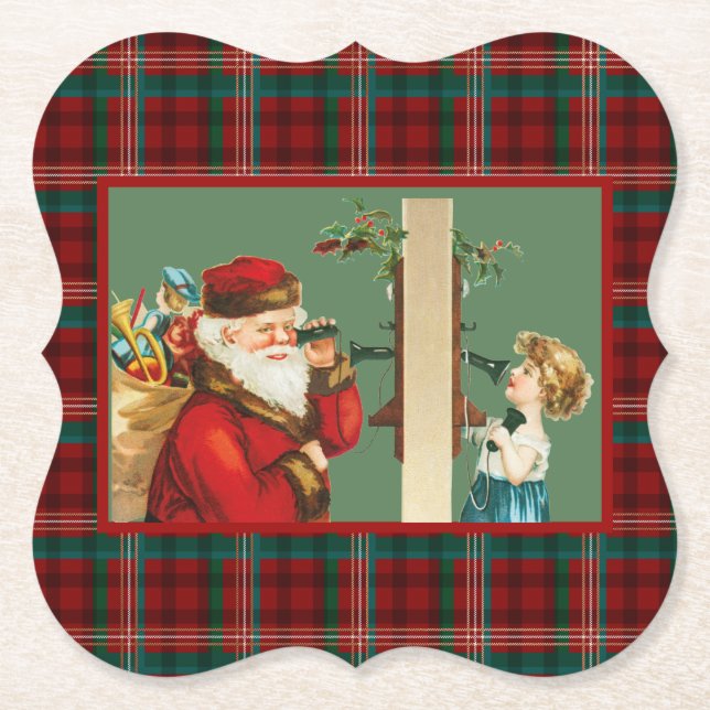 Charming Girl on Telephone with Santa on Plaid Paper Coaster (Front)