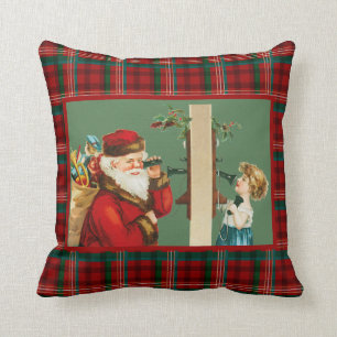 Charming Girl on Telephone with Santa on Plaid Thr Cushion