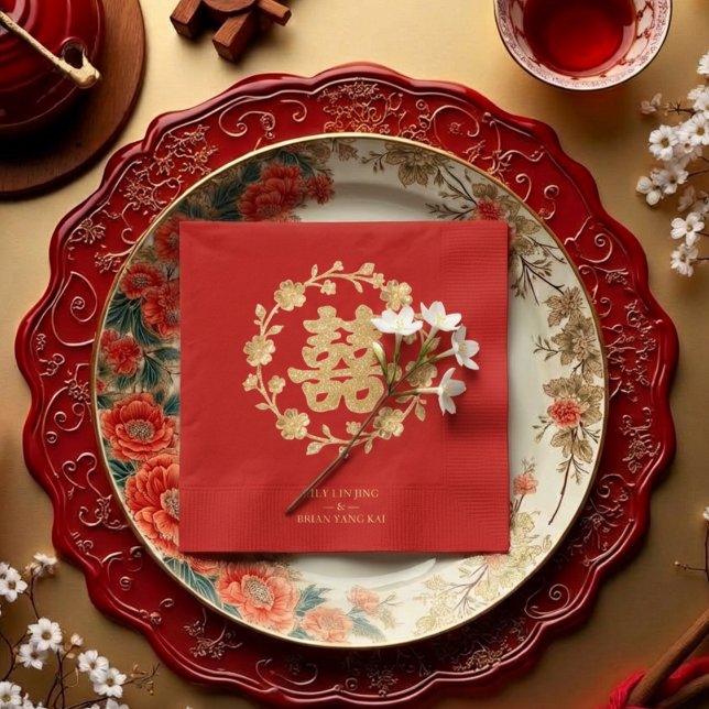 Charming Glitter Floral Chinese Double Happiness Napkin (Charming Glitter Effect Floral Chinese Double Happiness Symbol Elegant Paper Napkin Design. )