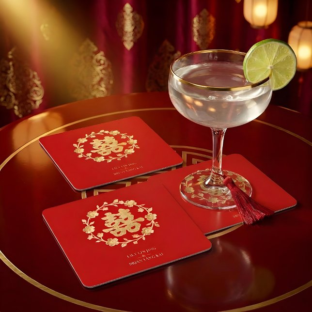 Charming Glitter Floral Chinese Double Happiness Square Paper Coaster (Charming Glitter Effect Floral Chinese Double Happiness Symbol Elegant Square Paper Coaster Design. )