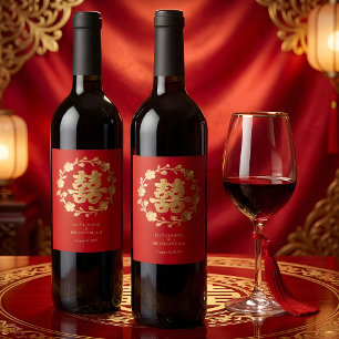 Charming Glitter Floral Chinese Double Happiness Wine Label