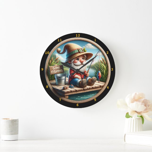 Charming Gnome Fishing Pond Large Clock (Home)