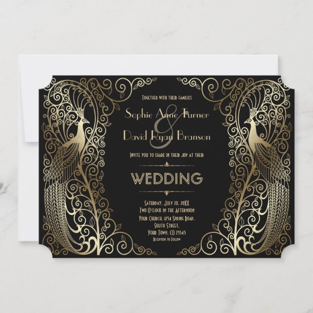 Charming Gold Art Deco Peacocks Wedding Invitation (Front)