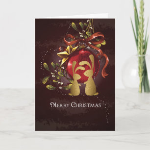 Charming Gold Bunnies n' Mistletoe Merry Christmas Holiday Card