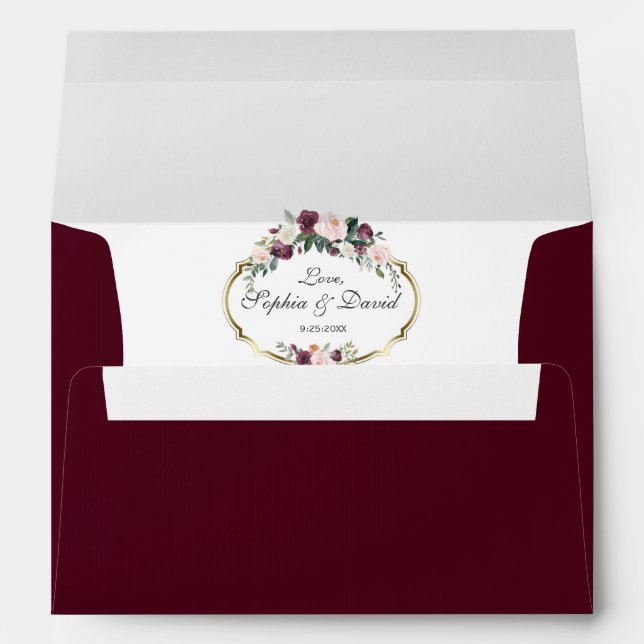 Charming Gold Burgundy Blush Floral Wedding Envelope (Back (Bottom))