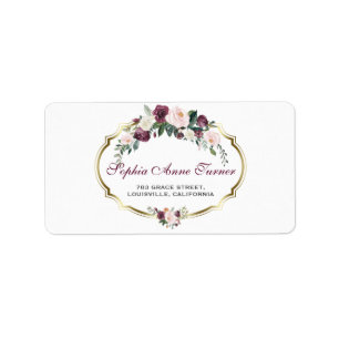 Charming Gold Burgundy Blush Floral Wedding Label
