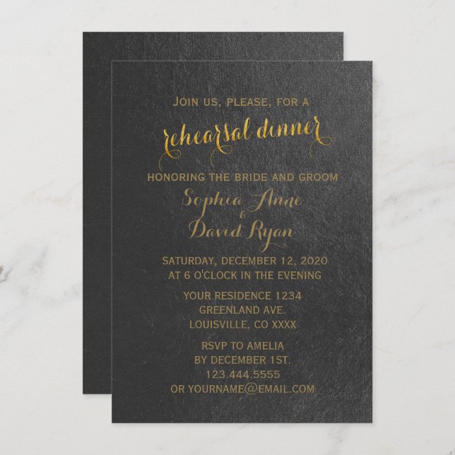 Charming Gold Foil Black Wedding Rehearsal Dinner Invitation (Front/Back)