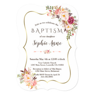 Charming Gold Frame Blush Pink Floral Baptism Invitation