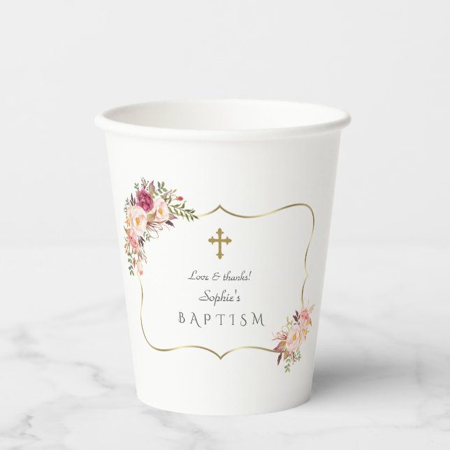 Charming Gold Frame Blush Pink Floral Baptism  Paper Cups (Front)