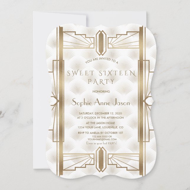 Charming Gold Great Gatsby Art Deco 1920s SWEET 16 Invitation (Front)