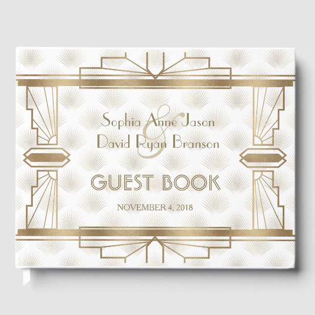 Charming Gold Great Gatsby Art Deco 1920s Wedding Guest Book (Front)