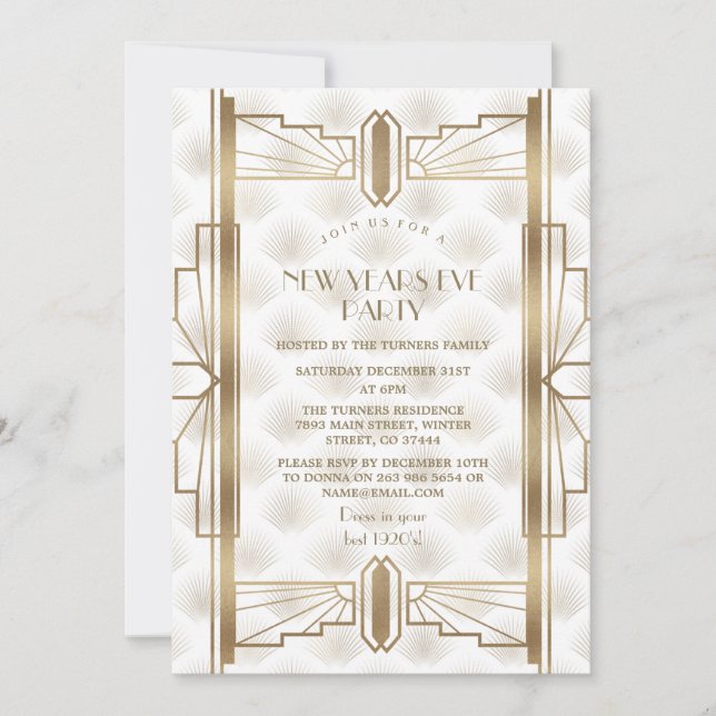 Charming Gold Great Gatsby Art Deco New Year Party Invitation (Front)