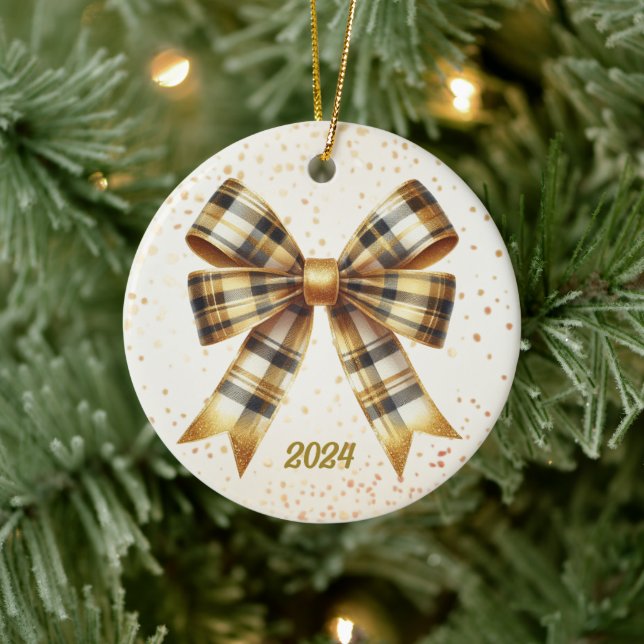 Charming Gold Plaid Bow Year Accent Ceramic Ornament (Tree)