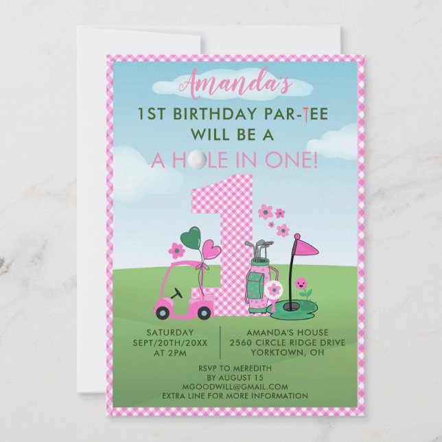 Charming Golf Pink Girl 1st Birthday Par-Tee Invitation (Front)
