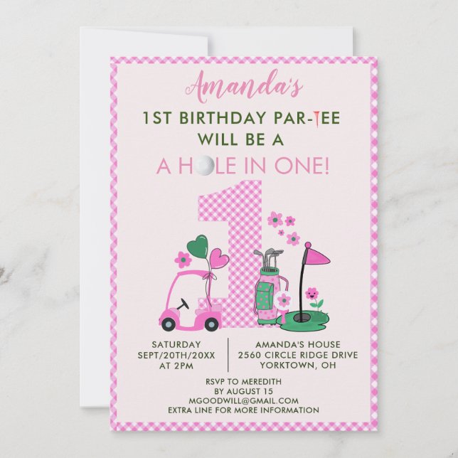 Charming Golf Pink Girl 1st Birthday Par-Tee Invitation (Front)