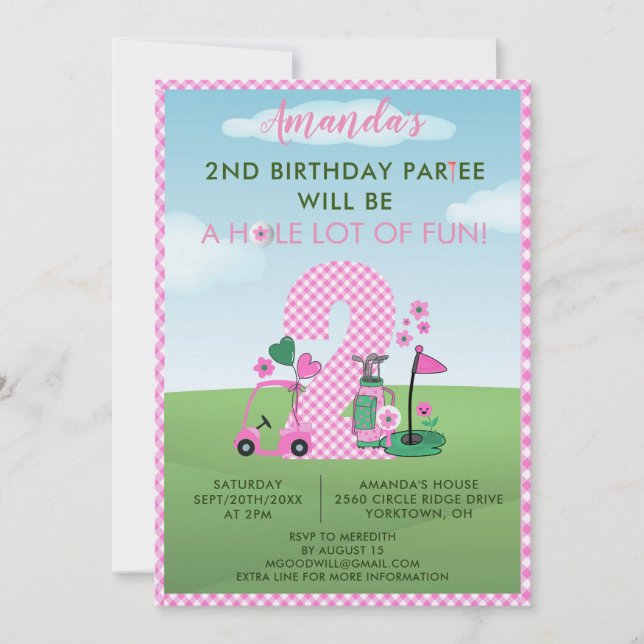Charming Golf Pink Girl 2nd Birthday Par-Tee Invitation (Front)