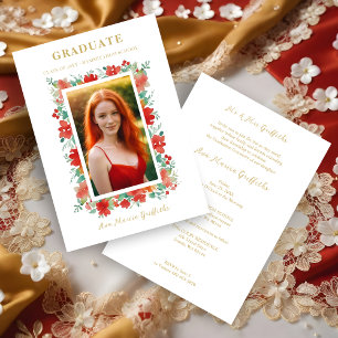 Charming Graceful Floral Graduation Red Photo Invitation