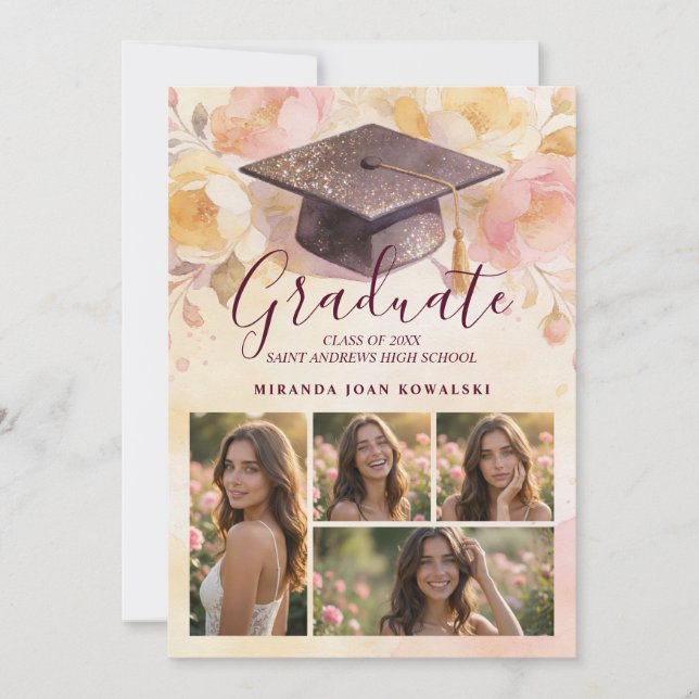 Charming Graduation Cap 5-Photo Collage Floral Invitation (Front)