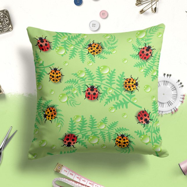 Charming Green Raindrop Ladybug Pillow (Creator Uploaded)