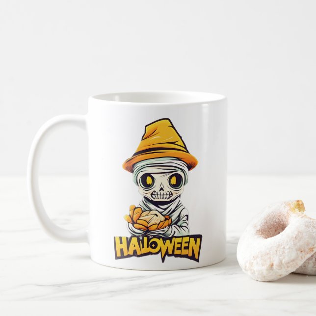 Charming Halloween Mummy Design Cute and Spooky  Coffee Mug (With Donut)