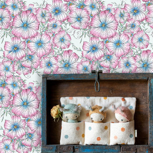 Charming Hand-Drawn Pink Blue Blooming Flowers Wallpaper