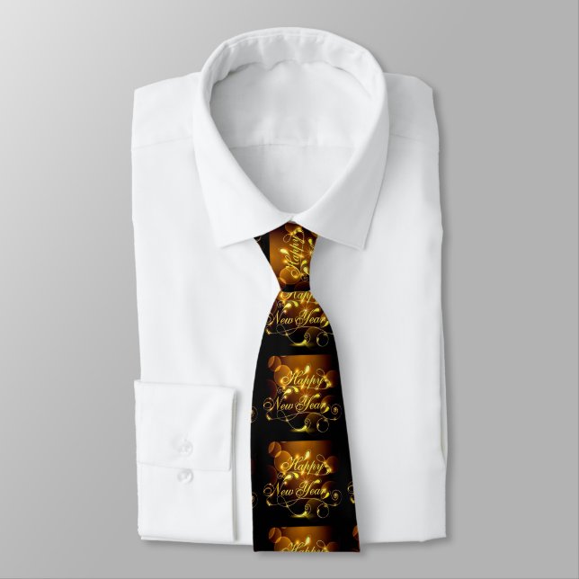 Charming Happy New Year Golden Design on Black Tie (Tied)