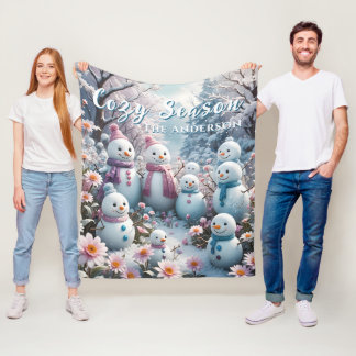 Charming Happy Snowman Family Winter Fleece Blanket