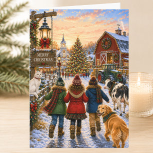 Charming Holiday Farming Village Merry Christmas Card