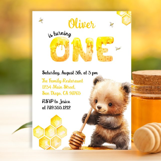 Charming Honey Yellow Cute Bear First Birthday Invitation (Creator Uploaded)