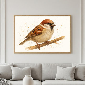 Charming House Sparrow Watercolor Portrait Poster