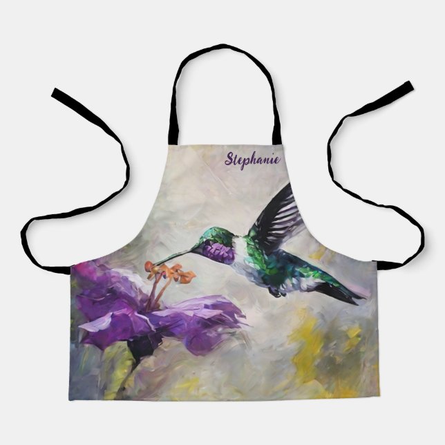 Charming Hummingbird & Purple Flowers Girls Chef Apron (Front)
