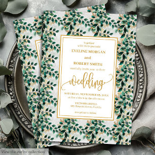 Charming Hunter Green Gold Eucalyptus Wedding  Invitation