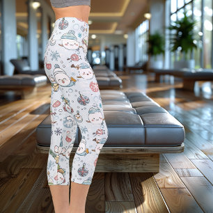 Charming Kawaii Christmas Characters in Light Blue Capri Leggings