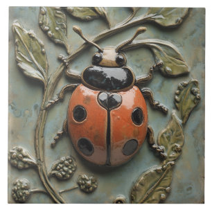 Charming Ladybug and Foliage Faux Relief Ceramic Tile