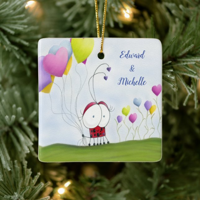 Charming Ladybug with Colourful Heart Balloons Ceramic Ornament (Tree)