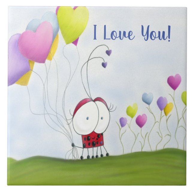 Charming Ladybug with Colourful Heart Balloons Ceramic Tile (Front)