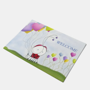 Charming Ladybug with Colourful Heart Balloons Doormat