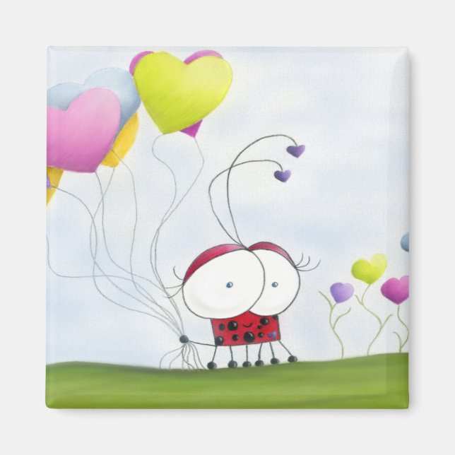 Charming Ladybug with Colourful Heart Balloons Magnet (Front)