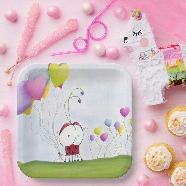 Charming Ladybug with Colourful Heart Balloons Paper Plate (Party)