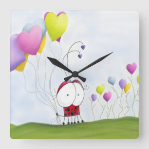 Charming Ladybug with Colourful Heart Balloons Square Wall Clock