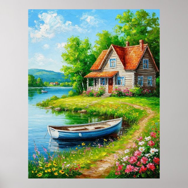 Charming Lakeside Cottage with a Boat Poster (Front)